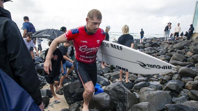 Mick Fanning leaves the surf at the Gold Coast Pro, Burleigh Heads. Picture: Glenn Campbell
