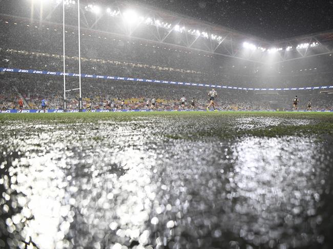 Suncorp’s soaked playing surface during a recent NRL match prior to Magic Round. Picture: NRL Imagery