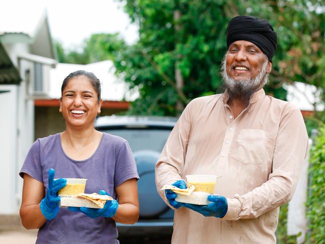 Tejinder Singh (R) and Gupreet Kaur as well as other members of the Indian community are producing over 200 meals a day for those in need during the COVID 19 crisis from a Malak back yard.Picture GLENN CAMPBELL