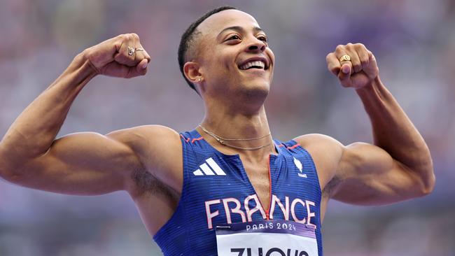 PARIS, FRANCE - AUGUST 04: Sasha Zhoya of Team France celebrates during the Men's 110m Hurdles Round 1 on day nine of the Olympic Games Paris 2024 at Stade de France on August 04, 2024 in Paris, France. (Photo by Hannah Peters/Getty Images)