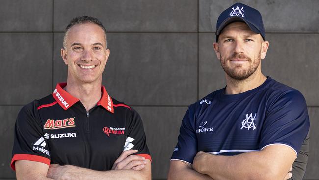 Melbourne Renegades Head Coach Michael Klinger (L) is hunting for replacements for his team, and a skipper to cover for Aaron Finch (R) who will fly to India after Tuesday night’s clash against Perth Scorchers in Geelong. Picture: Daniel Pockett/Getty Images