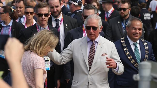 King Charles III at Kurrawa Surf Club for a meet and greet with Wales team members and unveiling a plaque with Mayor Tom Tate. Prince Charles meets the people. Picture: Glenn Hampson