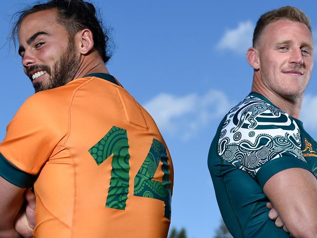 GOLD COAST, AUSTRALIA - SEPTEMBER 08: (L-R) Andy Muirhead and Reece Hodge pose during an Australian Wallabies media opportunity at Royal Pines Resort on September 08, 2021 in Gold Coast, Australia. (Photo by Matt Roberts/Getty Images)