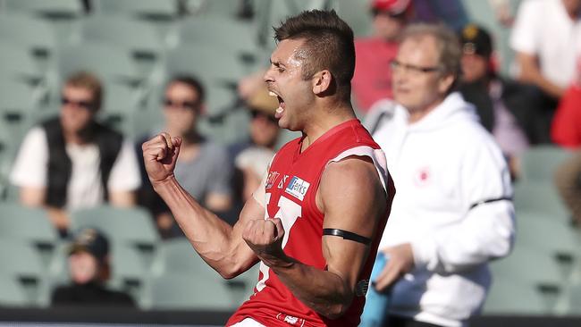 North Adelaide’s Robbie Young celebrates a goal as the Roosters start their rampage in the third term. Picture: Sarah Reed