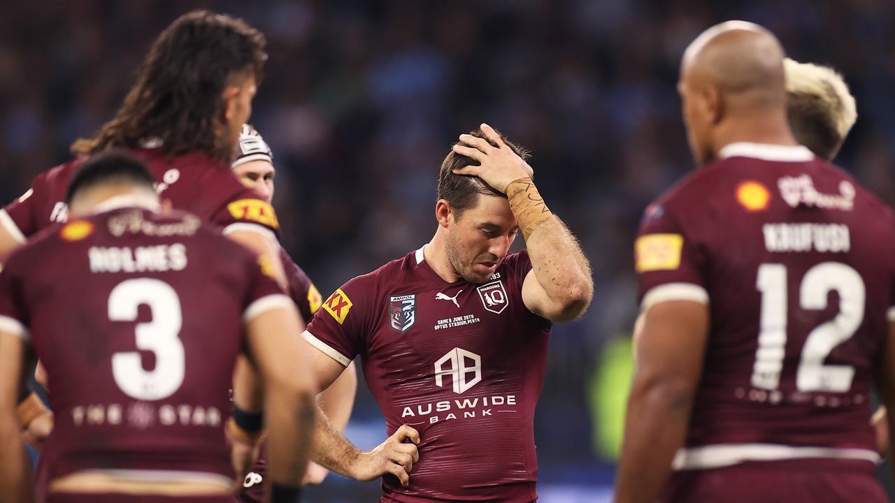 An exasperated Ben Hunt reacts during the Maroons’ horrendous Game 2 defeat. Picture: Getty