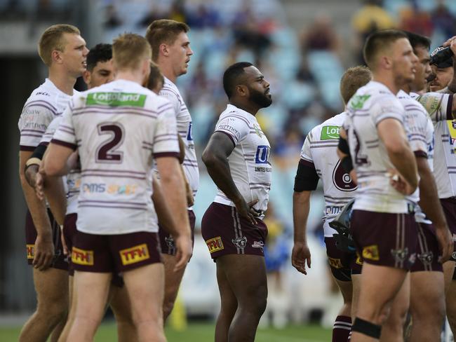 The troubles of Manly’s horror season have taken their toll on Akuila Uate (C). Pic: Getty