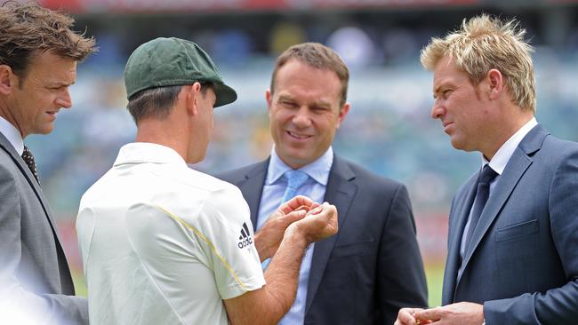 Australian captain Ricky Ponting with former cricketers Adam Gilchrist, Michael Slater and Shane Warne following Australia's victory during the Ashes in Perth in 2010. Picture: Dave Hunt