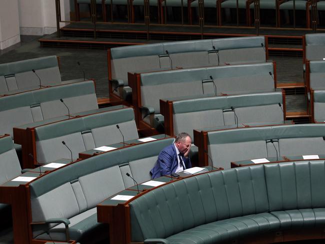 Barnaby Joyce all alone prior to the start of Question Time in the House of Representatives. Picture: Gary Ramage