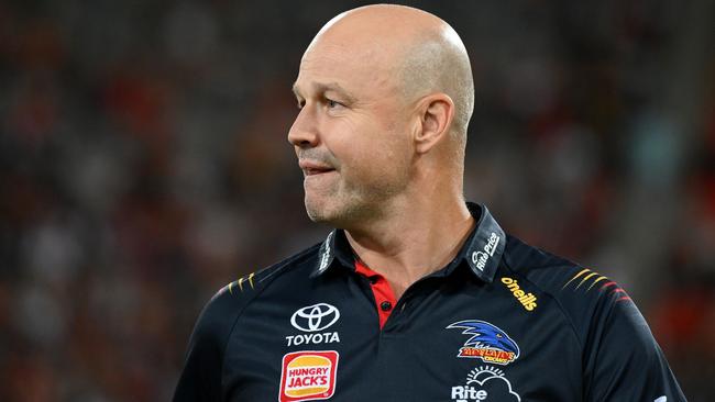 GOLD COAST, AUSTRALIA - MARCH 16: Head coach Matthew Nicks of the Crows looks on during the round one AFL match between Gold Coast Suns and Adelaide Crows at People First Stadium, on March 16, 2024, in Gold Coast, Australia. (Photo by Matt Roberts/AFL Photos/via Getty Images )