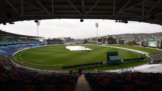 A general view of Bellerive Oval during rain as the second day's play is washed out.