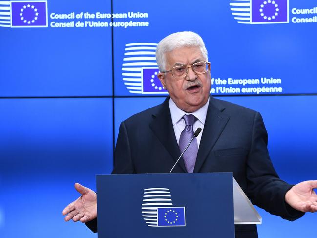 CORRECTION - Palestinian President Mahmud Abbas speaks prior to attend a EU foreign affairs council at the European Council in Brussels, January 22, 2018.   Palestinian leader Mahmud Abbas on January 22 urged EU member states to 