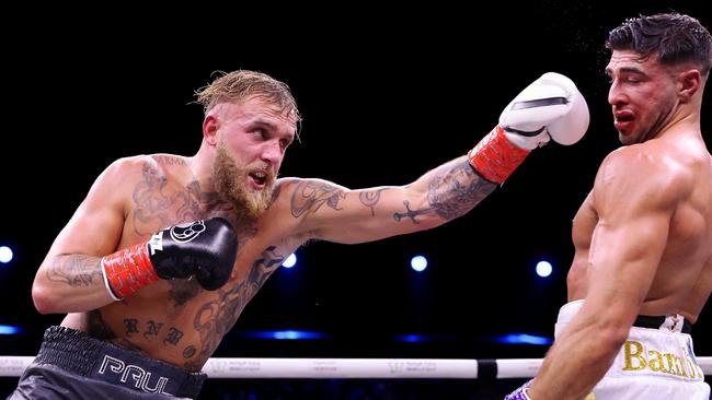 RIYADH, SAUDI ARABIA – FEBRUARY 26: Jake Paul punches Tommy Fury during the Cruiserweight Title fight between Jake Paul and Tommy Fury at the Diriyah Arena on February 26, 2023 in Riyadh, Saudi Arabia. (Photo by Francois Nel/Getty Images)