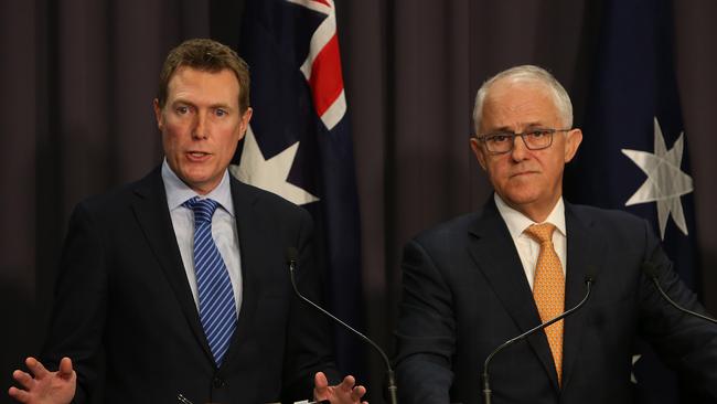 Attorney General Christian Porter and PM Malcolm Turnbull face Wednesday’s press conference. Picture: Kym Smith