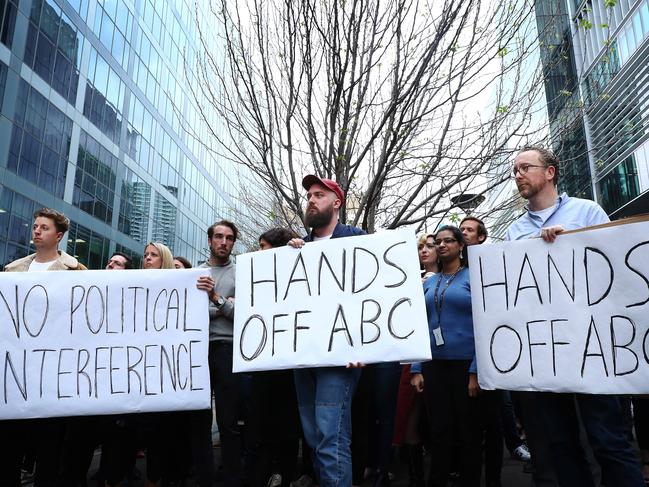 ABC staff outside of the network’s Sydney offices responding to a story that Chairman Justin Milne was trying to get senior journalist Emma Alberici sacked. Picture: John Feder