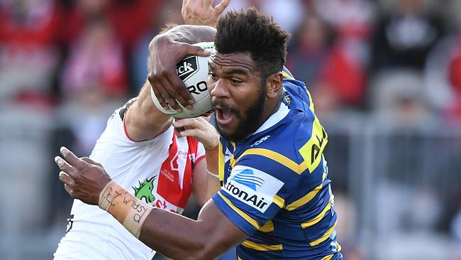 Maika Sivo on the charge for the Eels. Picture: AAP