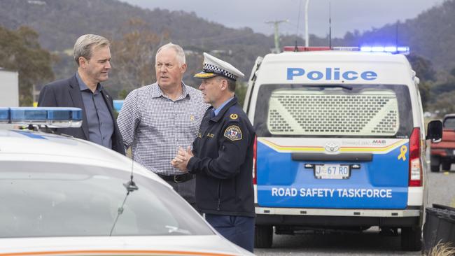 Minister Michael Ferguson, Road Safety Advisory Council chair Scott Tillyard and Assistant Commissioner Adrian Bodnar during the launch of Operation Safe Arrival at Cambridge. Picture: Chris Kidd