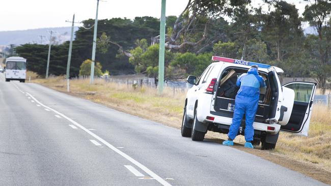 Police at the Colebrook Rd scene where Jarrod Leigh Turner’s body was found on Sunday, April 14. Picture: RICHARD JUPE