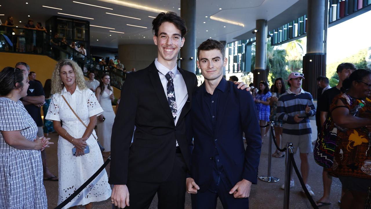 Noah Bell and Joe Downes arrive at the Peace Lutheran College formal evening at the Cairns Convention Centre. Picture: Brendan Radke