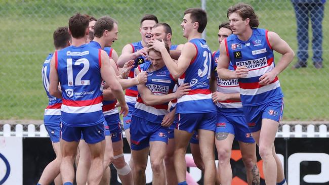 Bulldogs players celebrate at Elizabeth Oval in Adelaide on Julye 22. Picture: SANFL /David Mariuz