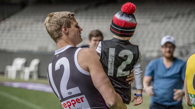 Riewoldt, left, wore the No. 12 for 17 years and is synonymous with the jumper. Picture: Jason Edwards