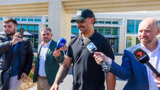 Daily Telegraph. 27, August, 2024. Latrell Mitchell leaves the South Sydney Rabbitohs HQ, at the Heffron Centre, Maroubra, today, after fronting the board over the white powder incident Picture: Justin Lloyd.