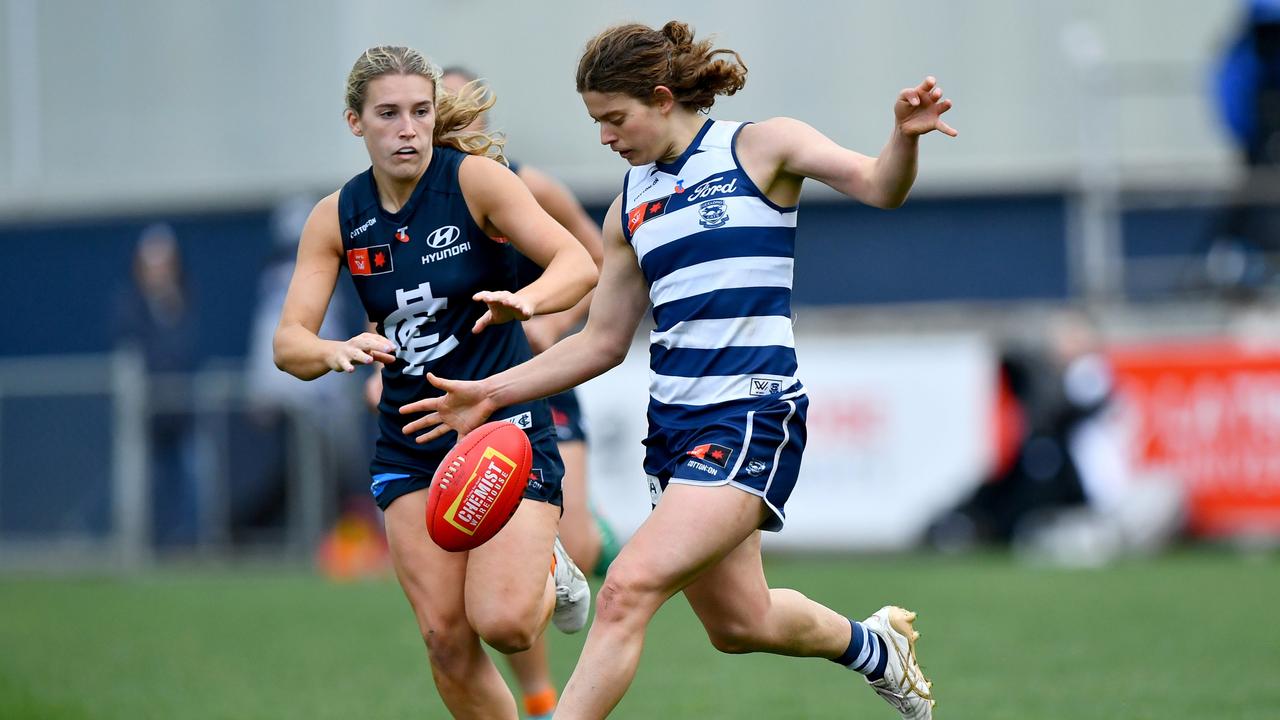 Nina Morrison enjoys a rare possession in space against Carlton. Picture: Josh Chadwick/AFL Photos/via Getty Images.