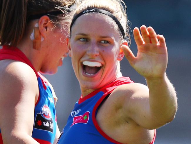 AFLW Carlton v Western Bulldogs at Ikon Park.  Jaimee Lambert celebrates after goaling 1st qtr   .  Pic : Michael Klein