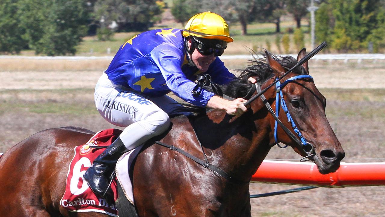 Little Kigettbo ridden by John Kissick finishing 2nd in the T J Waters Memorial Maiden Plate at Towong Racecourse on March 06, 2021 in Towong, Australia. (David Thorpe/Racing Photos via Getty Images)