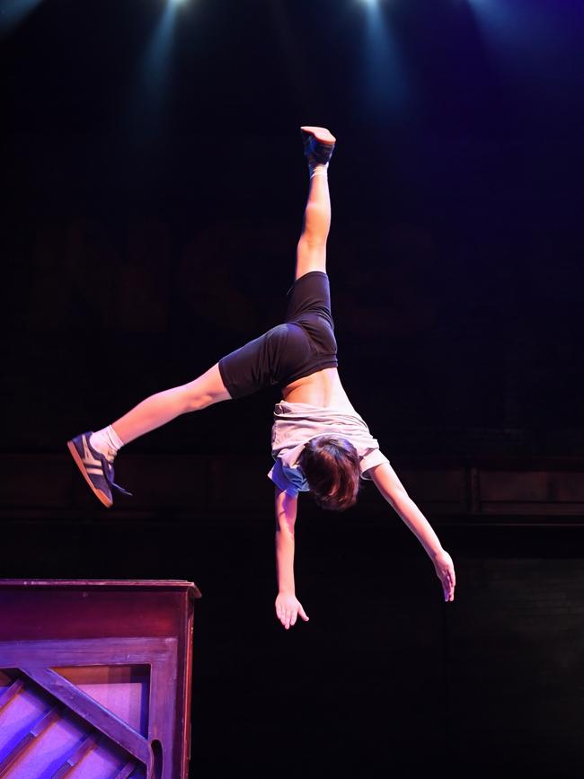 River Mardesic flies around the stage in rehearsals. Picture: James D. Morgan