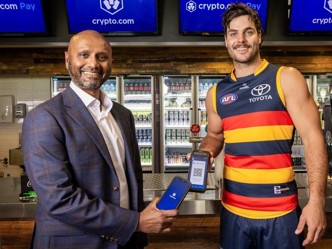 Crypto.com Pay comes to Adelaide Oval . Karl Mohan & Darcy Fogarty Credit James Elsby