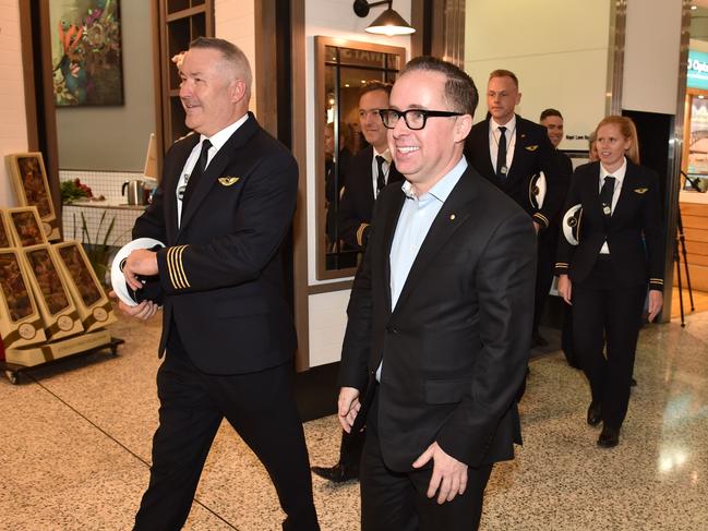 Qantas Group CEO Alan Joyce and Qantas pilot Captain Sean Golding arrive after completing the non-stop test flight. Picture: AFP