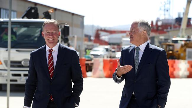 Premier Will Hodgman was all smiles during a wander around Macquarie Point with Prime Minister Malcolm Turnbull. Picture: LUKE BOWDEN