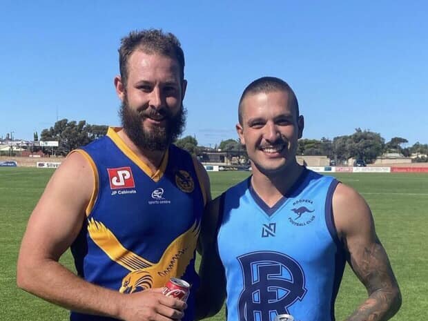 Michael Mazey (left) with country footy gun Clayton Mesecke. Picture: Facebook