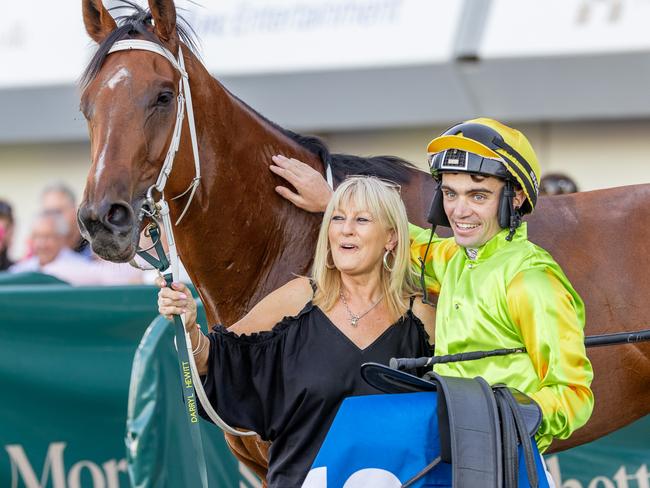 Julie Preston and Connor Murtagh celebrate Snoopy Now's Port Adelaide Guineas win in April. Picture: Makoto Kaneko