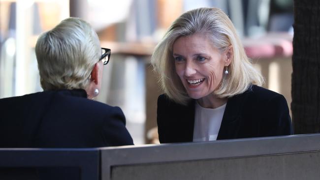 Former AMP chairman Catherine Brenner having coffee with a friend in Sydney yesterday. Picture: John Feder