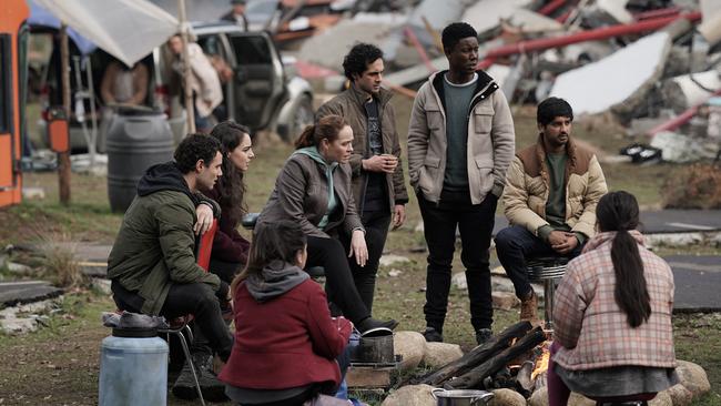 LA BREA cast pictured from left Veroncia St, Clair as Riley Valez, Karina Logue as Marybeth Hayes, Josh McKenzie as Lucas Hayes, Rohan Mirchandaney as Scott Israni. Picture: Sarah Enticknap/NBC