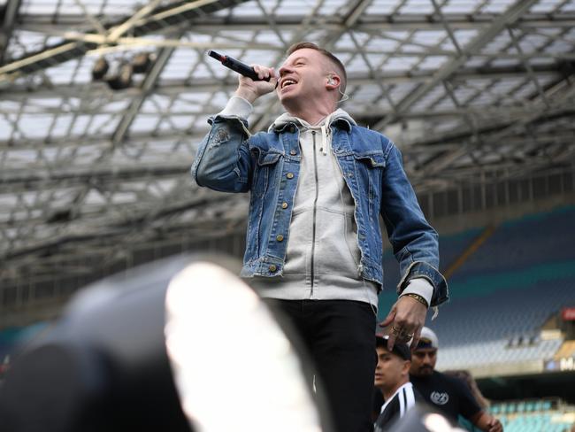 Macklemore during a sound check at ANZ Stadium for his performance during the NRL Grand Final.