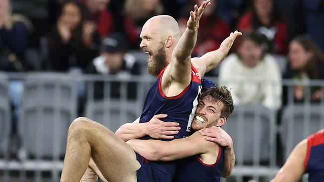 Jack Viney hugs Max Gawn after one of his five goals in the Demons’ preliminary final win over Geelong at Perth Stadium. Picture: Michael Klein