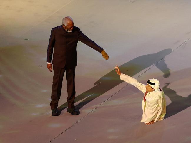 AL KHOR, QATAR - NOVEMBER 20: Morgan Freeman performs during the opening ceremony prior to the FIFA World Cup Qatar 2022 Group A match between Qatar and Ecuador at Al Bayt Stadium on November 20, 2022 in Al Khor, Qatar. (Photo by Elsa/Getty Images)