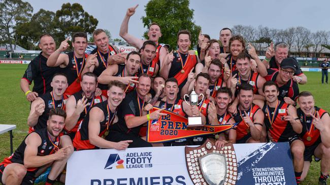 Tea Tree Gully celebrates after winning the Adelaide Footy League division two grand final against sacred Heart Old Collegians. Picture: Brenton Edwards