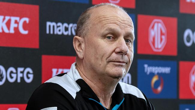 ADELAIDE, AUSTRALIA - SEPTEMBER 18: Port Adelaide Power coach Ken Hinkley speaks to the media during a media opportunity at Alberton Oval on September 18, 2024 in Adelaide, Australia. (Photo by Mark Brake/Getty Images)