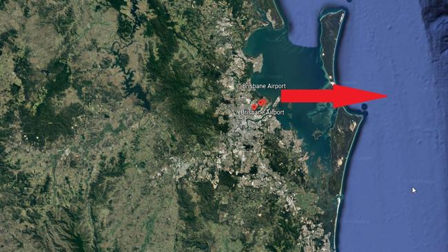 Google Map showing Brisbane Airport and a possible flight path out of Brisbane between Moreton and North Stradbroke islands to an ocean flight path.