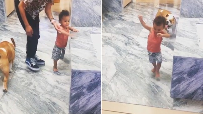 Chrissy Teigen has come under fire after teaching her son to walk in a marble bathroom.