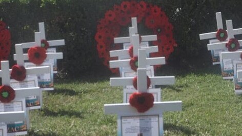 Mic Noble’s white crosses at the Logan war memorial, where the service was cancelled but he organised a video tribute. (AAP/Image Sarah Marshall)