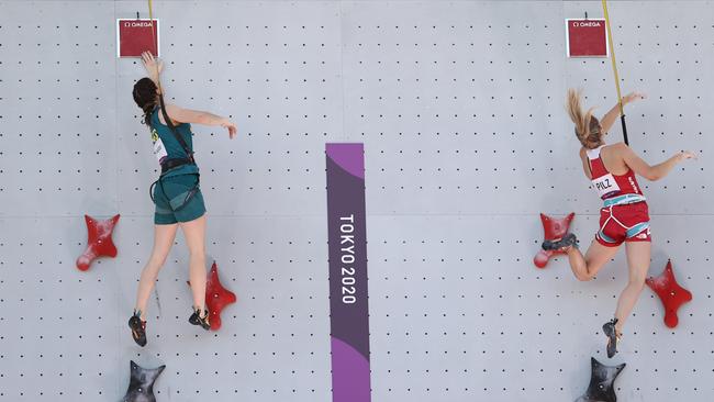 Oceania Mackenzie of Australia and Jessica Pilz of Austria compete during the Sport Climbing Women's Combined. Picture: Getty Images