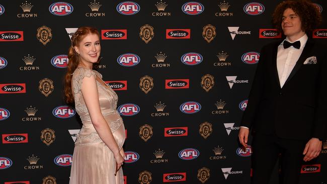 A pregnant Hester on the Brownlow red carpet with Ben. Picture: AAP