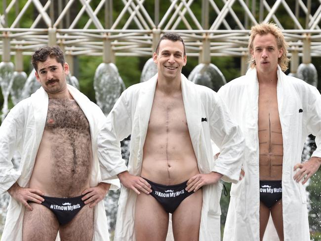 Josh Glanc, Michael Shafar and Frenchy team up to raise funds for the Movember Foundation. Picture: AAP Image