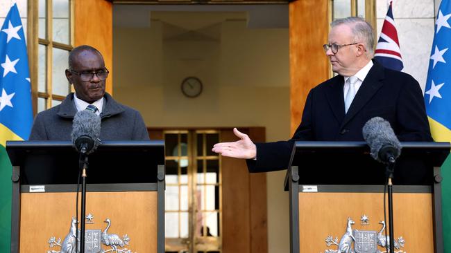 Solomon Islands PM Jeremiah Manele, left and Prime Minister Anthony Albanese hold a joint press conference in Canberra in June. Picture: AFP