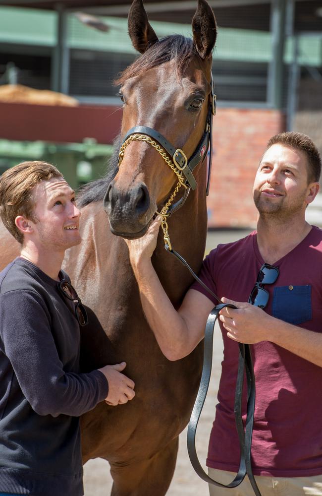 Kia Ora Koutou with trainer Adam Durrant and jockey Joe Azzopardi. Picture: Jay Town