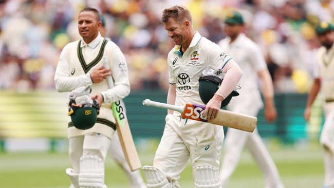 Warner and Usman Khawaja enjoyed a fruitful partnership. (Photo by Robert Cianflone/Getty Images)